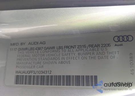 2018 Audi A3 2.0T Premium/2.0T Tech Premium из США, поврежденный, VIN WAUAUGFF3J1034312